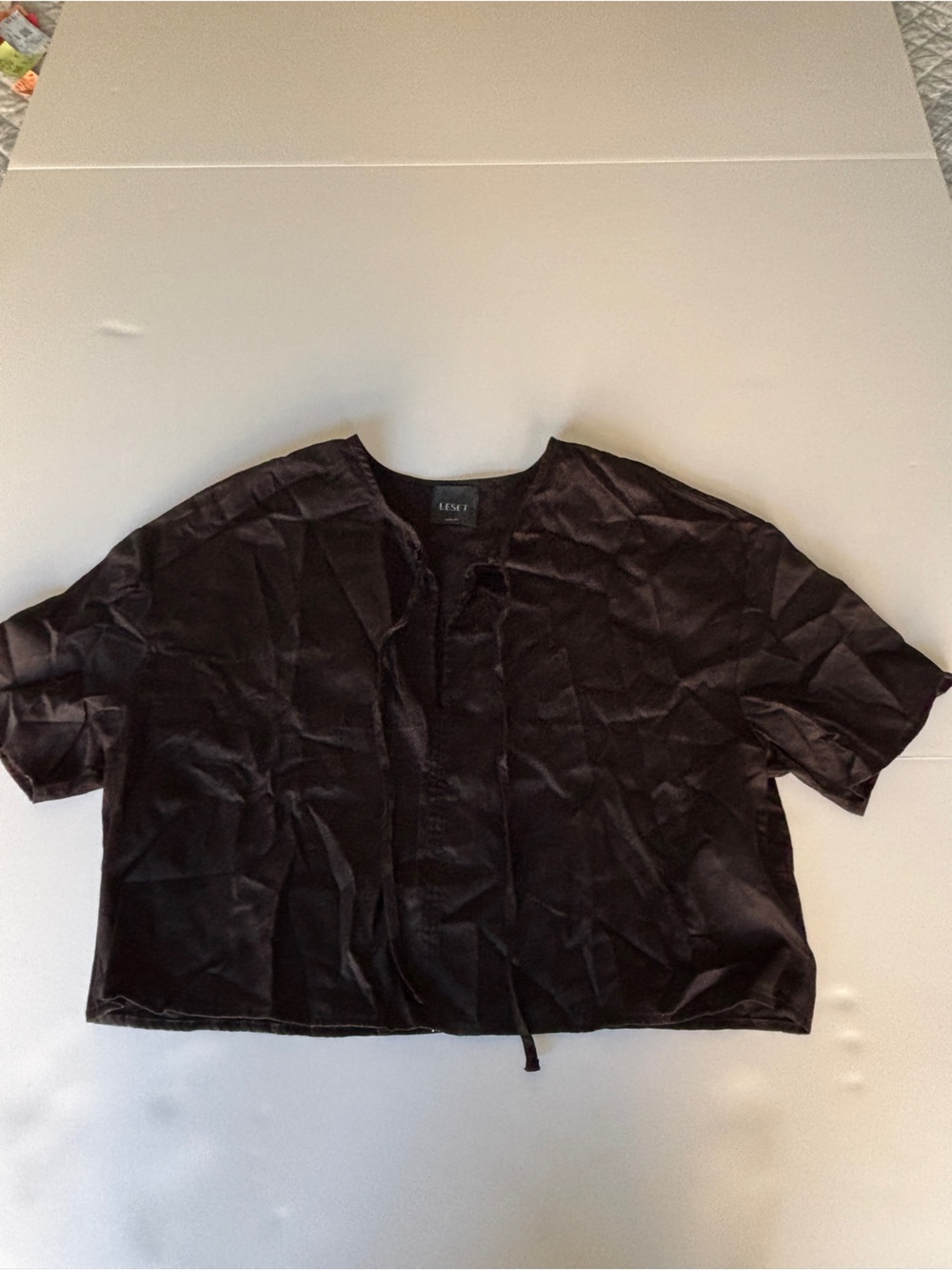 LESET Black Cotton Boxy Cropped Short Sleeve Tie Neck Top - Extra Small